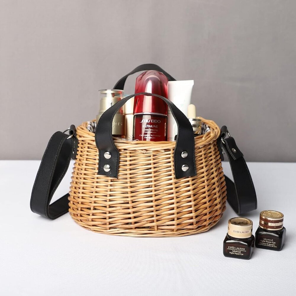 Wicker Tote Bag Women Straw Handwoven Rattan Summer Beach Shopper - Picture 4 of 6